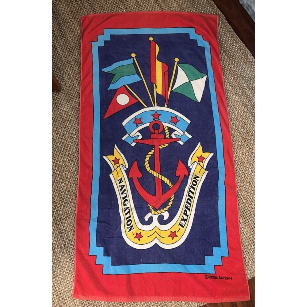 Cecil Saydah Beach Towel Nautical Flag Anchor Bold Colors 59x30 Light Fading